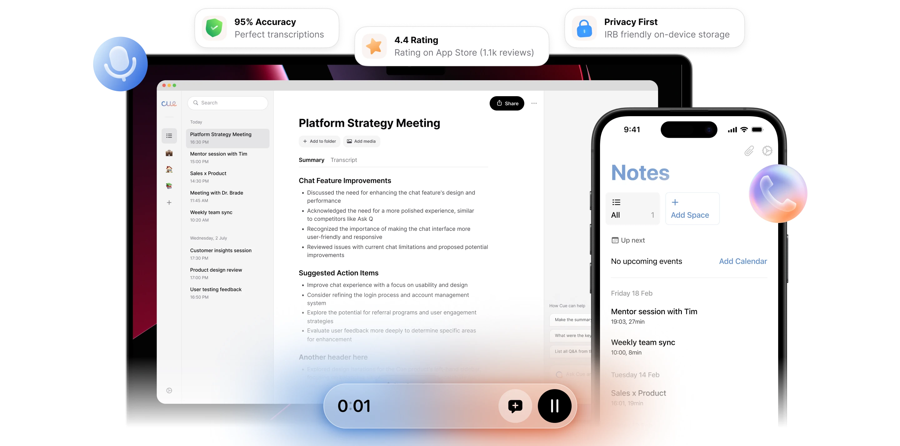 Cue app interface showing meeting notes